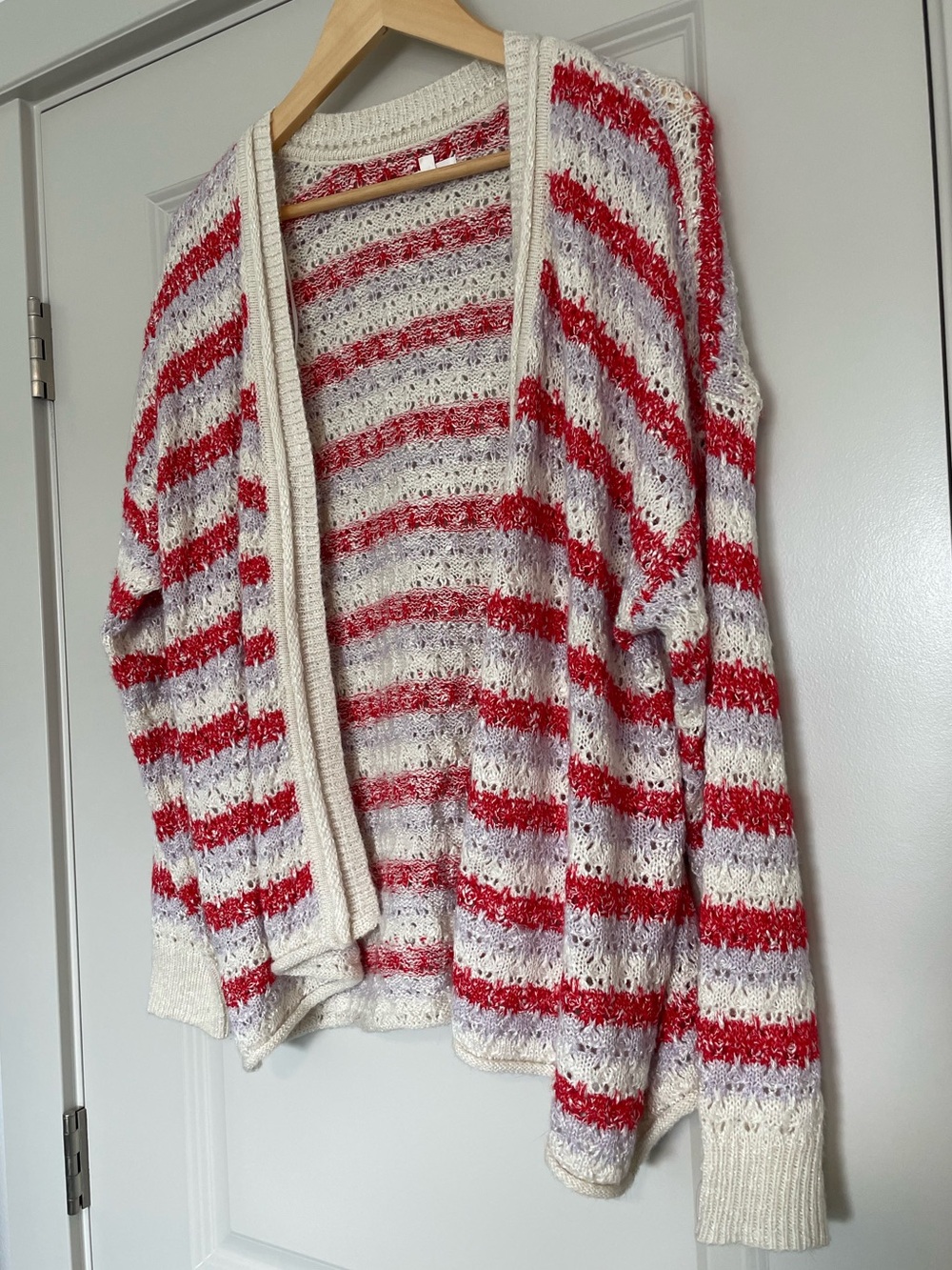 Maurices Cream Open-Front Cardigan with Red Stripes